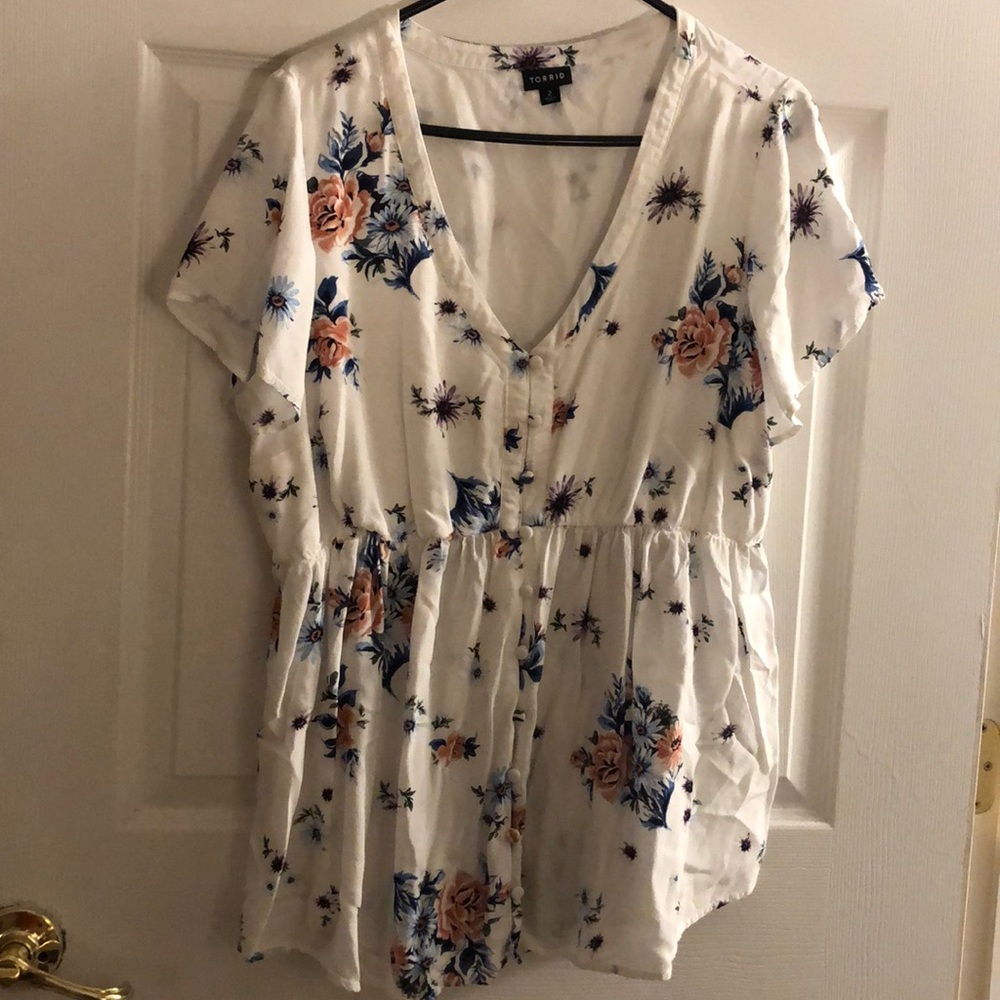 Floral V-Neck Short Sleeve Peplum Top - White with Blue & Peach Flowers